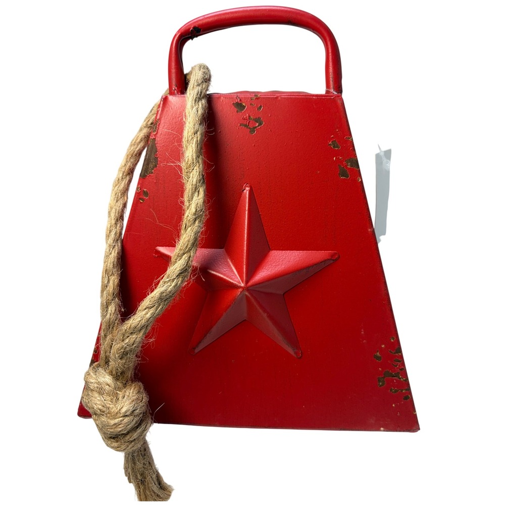 Rustic Red Metal Holiday Cowbell with Embossed Star & Jute Rope Farmhouse Decor
